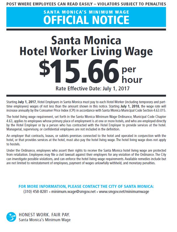 2026 Santa Monica Hotel Worker Living Wage
