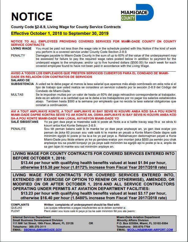2026 Miami Dade County Living Wage Service Contracts